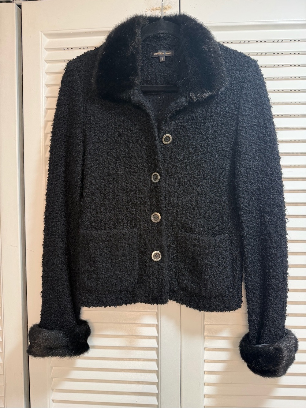 Vintage Cynthia Max Boucle Cardigan Jacket with Faux Fur Collar & Cuffs